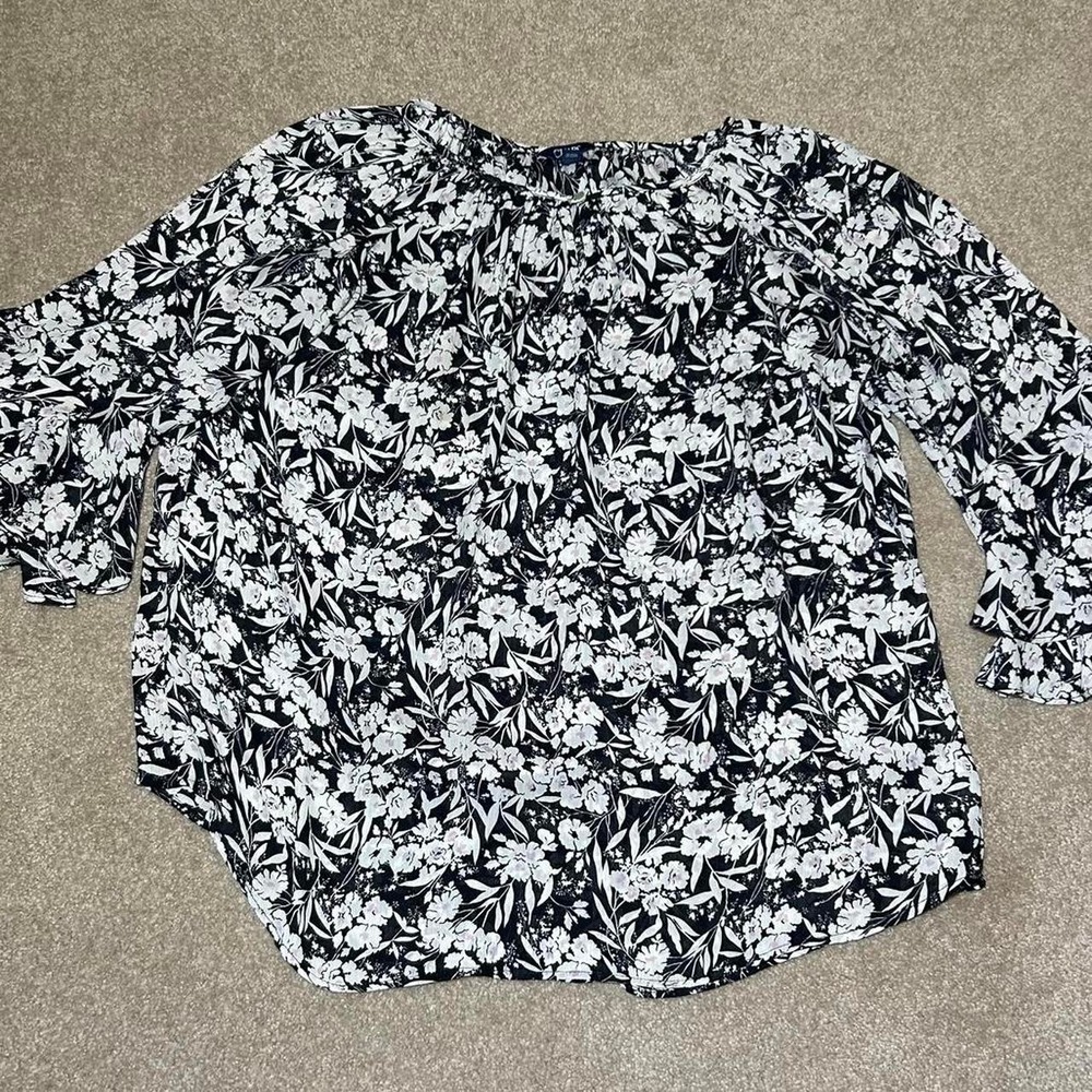Chaps black white floral print blouse ruffle sleeves Womens XXL